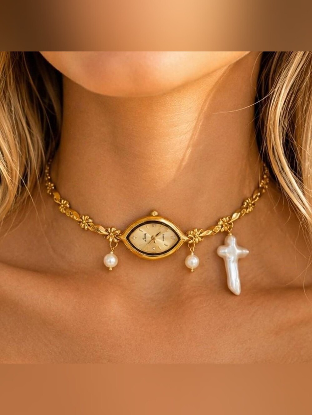 Gold Pearl Cross Watch Choker Necklace